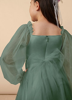 Azazie Aya Flower Girl Dresses Eucalyptus A-Line with Sleeves Tulle Dress image5