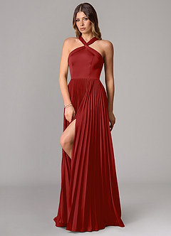 Azazie Afra Bridesmaid Dresses Pomegranate A-Line Pleated Stretch Satin Dress image4