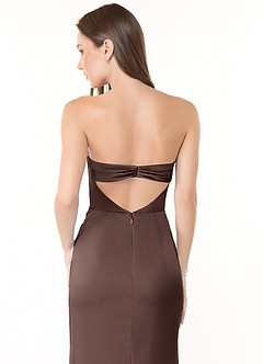 Azazie Leonis 신부 들러리 드레스 인어 주름진 스트레치 새틴 바닥 길이 드레스 image5