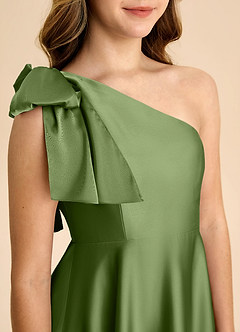 Azazie Penguin Junior Vestido de Enebro de Satén Elástico de Corte en A con Lazo image7