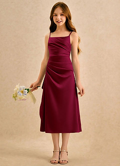 Azazie Canna Girls Formal Robe Demoiselle D'honneur Fillette Robe Trapèze en Satin extensible Plissée Bourgogne image5