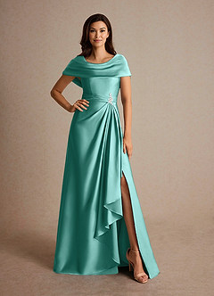 Azazie Branford Mother of the Bride Dresses Aqua A-Line Pleated Stretch Satin Dress image5