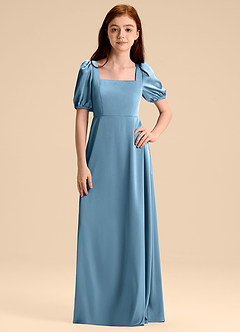 Azazie Briar Junior Abito A-Line in Raso Elasticizzato Fiocco Blu Acciaio image6