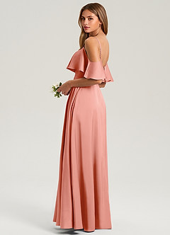 Azazie Jean Bridesmaid Dresses Coral A-Line Off the Shoulder Stretch Satin Dress image4