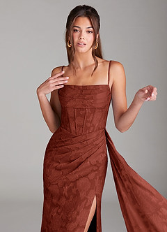 Azazie Denisa Bridesmaid Dresses Terracotta Sheath Pleated Floral Burnout Dress image6
