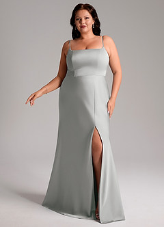 Azazie Lidia Vestidos de damas de honor Vestido de Plata de Satén Elástico de Corte Sirena con Corte Lateral image3