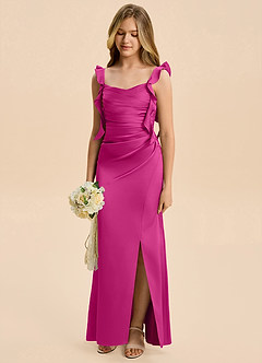 Azazie Jessamine Junior Fuchsia Sheath Ruched Stretch Satin Dress image6