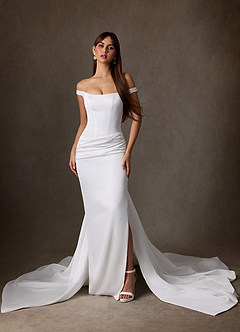 Azazie Marciana Wedding Dresses Diamond White Sheath Off the Shoulder Stretch Satin Dress image1