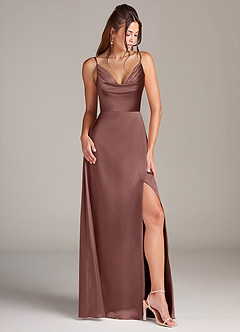 Azazie Sarella Bridesmaid Dresses Espresso A-Line Pleated Stretch Satin Dress image3