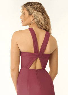 Azazie Rue Vestidos de damas de honor Vestido de Merlot de Gasa de Corte en A con Halter image3