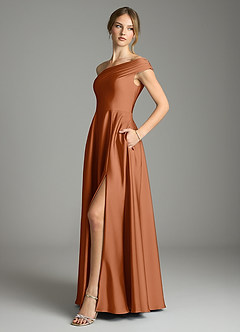 Azazie Melanie Bridesmaid Dresses Copper A-Line Off the Shoulder Stretch Satin Dress image4
