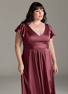 Azazie Omari Bridesmaid Dresses Merlot A-Line Stretch Satin Dress image12