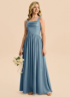 Azazie Drew Junior Robe Trapèze en Satin extensible Plissé Bleu Poussiéreux image5