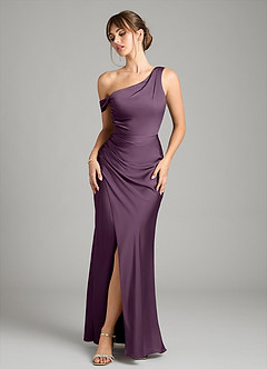 Azazie Madelyn Bridesmaid Dresses Plum Mermaid One Shoulder Stretch Satin Convertible Dress image1