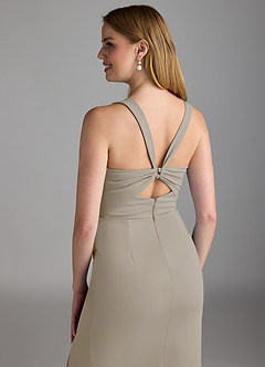 Azazie Mero Final Sale Taupe Sheath Pleated Stretch Crepe Dress image4