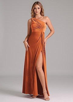 Azazie Brooke Vestidos de damas de honor Vestido de Naranja Quemada de terciopelo de Corte en A con Hombro unilateral image1