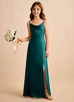 Azazie Shira Girls Formal Robe Demoiselle D'honneur Fillette Robe Trapèze en Satin extensible Plissée Paon image5
