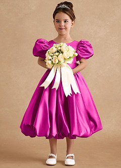 Azazie Jellybean Flower Girl Dresses Fuchsia Ball-Gown Ruched Matte Satin Dress image3