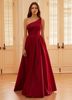Millie Burgundy One Shoulder A-line Satin Prom Dress image5