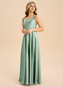 Azazie Popsy Junior Agave A-Line Bow Stretch Satin Dress image4