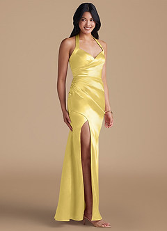 Azazie Emeria Bridesmaid Dresses Canary Sheath Side Slit Metallic Satin Dress image6