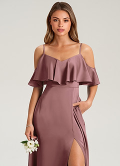 Azazie Jean Bridesmaid Dresses Vintage Mauve A-Line Off the Shoulder Stretch Satin Dress image6