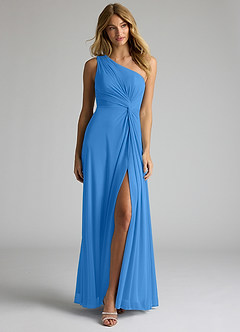 Azazie Brooke Bridesmaid Dresses Blue Jay A-Line One Shoulder Mesh Dress image4