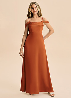 Azazie Lettie Junior A-linja Olkapään ulkopuolella Joustava satiini Lattian pituus Nuorempi morsiusneito Pukeutua image4