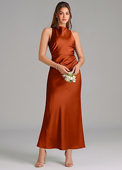 Azazie Evadne Abiti da Damigella Abito Tubino in Raso Elasticizzato Plissettato Paprika image3