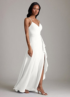 Azazie Naeem Vestidos de damas de honor Vestido de Blanco de Gasa de Corte en A con Cuello en V fruncido image4