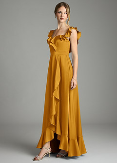 Azazie Lyra Bridesmaid Dresses Butterscotch A-Line Off the Shoulder Stretch Satin Convertible Dress image4