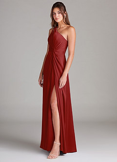 Azazie Brooke Robes de demoiselle d'honneur Robe Trapèze en Satin extensible Ue épaule Grenade image5