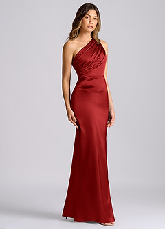 Azazie Akilah Bridesmaid Dresses Pomegranate Mermaid One Shoulder Stretch Satin Dress image3