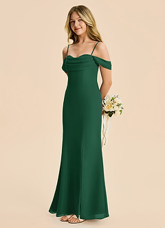 Azazie Nira Junior Vestido Verde Oscuro de Gasa de Corte Sirena con Drapeado image3