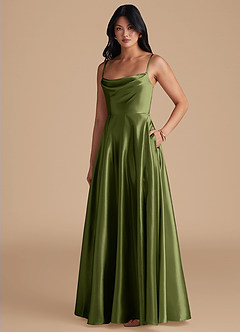 Azazie Elle Bridesmaid Dresses Olive A-Line with Pockets Metallic Satin Dress image1