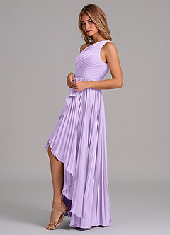 Azazie Lyrica 신부 들러리 드레스 A라인 한쪽 어깨 스트레치 새틴 비대칭 드레스 image5