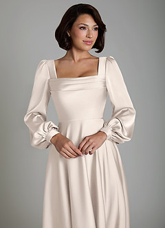 Azazie Solana Bridesmaid Dresses White Alabaster A-Line Long Sleeve Stretch Satin Dress image3
