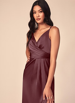 Azazie Aqua Bridesmaid Dresses Sangria A-Line V-Neck Pleated Stretch Satin Dress image6