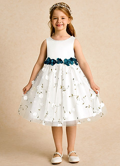 Azazie Starri Flower Girl Dresses Ivory Ink Blue Ball-Gown Beaded Matte Satin Dress image1