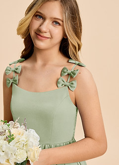 Azazie Poppy Junior Dusty Sage A-Line Pleated Stretch Satin Dress image6