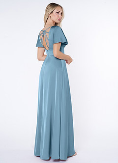 Azazie Lani Bridesmaid Dresses Steel Blue A-Line Flounce Sleeve Stretch Satin Dress image5