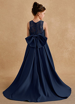 Azazie Sammy Flower Girl Dresses Dark Navy A-Line Lace Matte Satin Dress image1