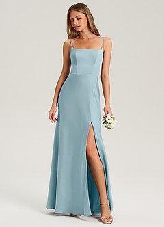 Azazie Lidia Bridesmaid Dresses Moody Blue Mermaid Side Slit Stretch Satin Dress image1