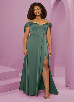 Barbie ♥ Azazie Final Sale Eucalyptus A-Line Off the Shoulder Stretch Satin Dress image8