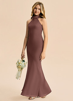 Azazie Velli Junior Meerjungfrau-Linie Hoher Kragen Chiffon Kleid Espresso image4