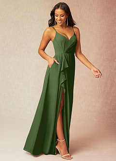 Azazie Kyedae Bridesmaid Dresses Olive A-Line V-Neck Pleated Chiffon Dress image3