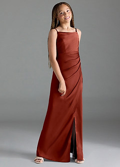 Azazie Leonis Junior A-Linie Plissee Stretch-Satin Kleid Terrakotta image3