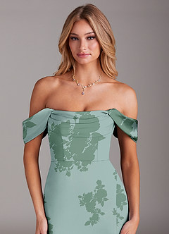 Azazie Saige Robes de demoiselle d'honneur Robe Fourreau en Satin extensible Épaule décolletée Fleurs De Sauge Poussiéreuse image7