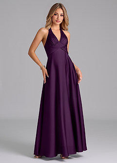 Azazie Tessie Bridesmaid Dresses Grape A-Line Pleated Stretch Satin Dress image5