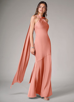 Azazie Kinsley Robes de demoiselle d'honneur Robe Sirène en Satin extensible Fente Latérale Corail image3